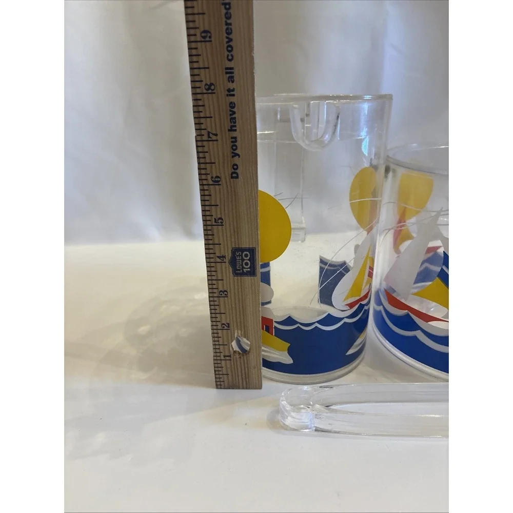 VTG 1990's Wellington‎ SailBoat & Lighthouse Acrylic Pitcher/IceBucket Tongs